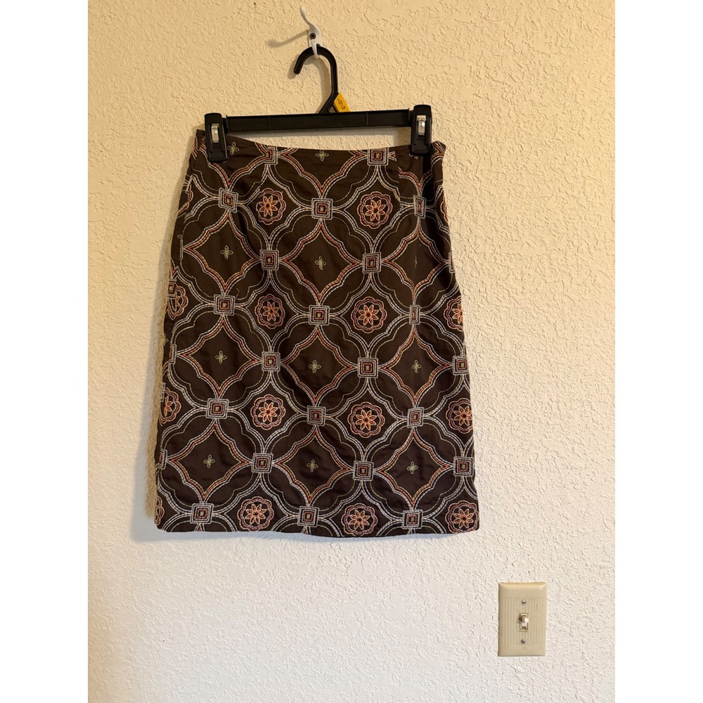 Harold's Brown Embroidered Cotton Pencil Skirt Geometric Floral Size 2